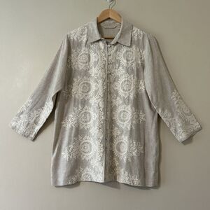 Soft Surroundings Petite Medium Linen Embroidered Eyelet Lace Tunic Button Down